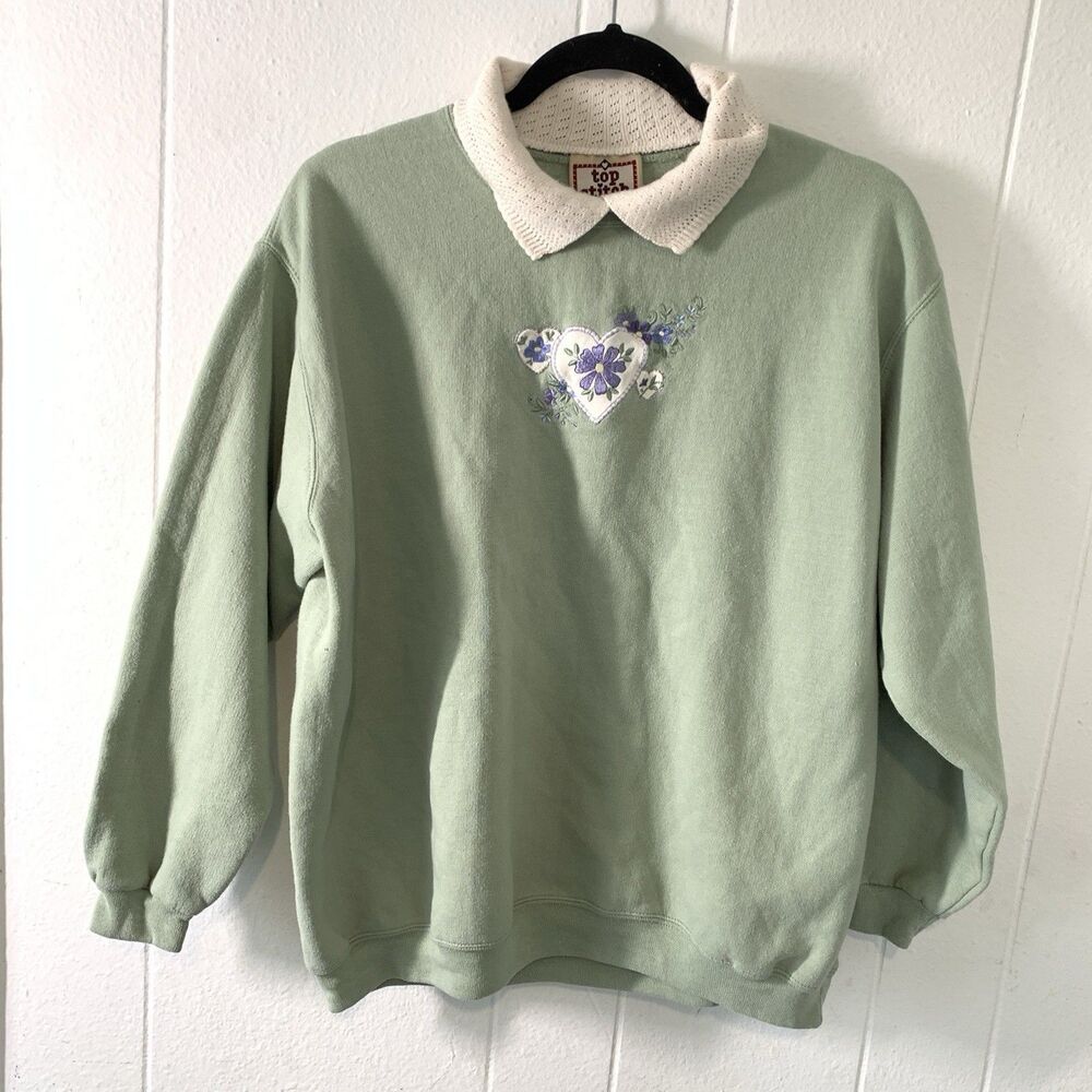 Vtg Top Stitch Womens Large P Sweatshirt Crotchet Collar Embroidery Grannycore